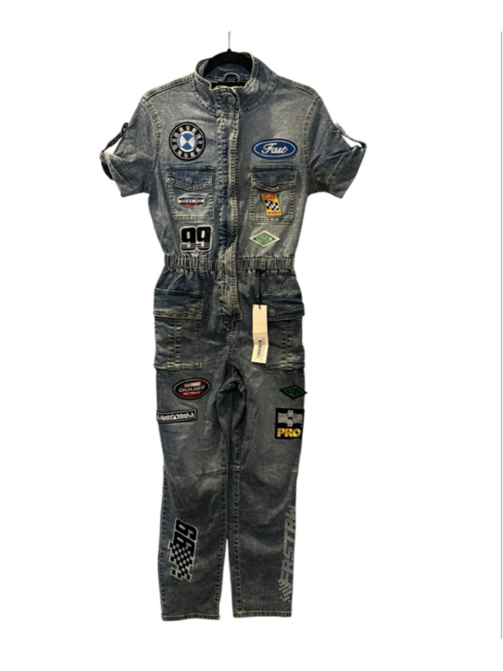 NWT First Row Racing Denim Jumpsuit Pit Crew Coveralls Moto Y2K Blue Size XS